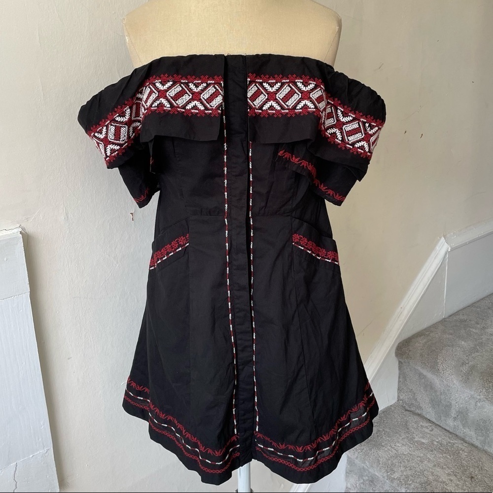 Loveshackfancy Black Embroidered Off the Shoulder Hidden Button Down Mini Dress